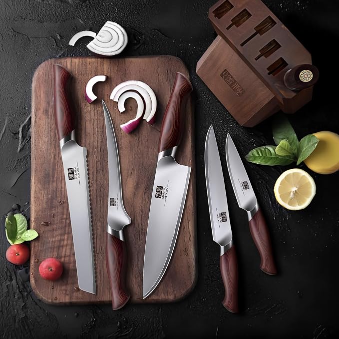 SHAN ZU 7 Pc Japanese Knife set, High Carbon 10Cr15Mov Stainless Steel | Professional Kitchen Cooking Knives, Ultra Sharp Japanese Chef Knife Set with Ergonomic Pakkawood Handle