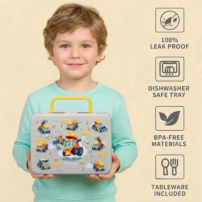 rockpapa Bento Box for Kids - Large 5.5 Cups Lunch Box with Utensils - 5 Compartments, BPA-Free, Leak Proof, Portable Handle for Boys Girls, Microwave/Dishwasher Safe (Grey Constr Trucks)