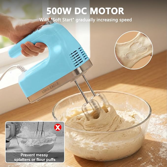 Lord Eagle 9-Speed Digital Hand Mixer Electric Handheld, 500W DC Motor | Kitchen Mixer for Cake Baking, Lightweight Egg Beaters with Stain-resistant & Waterproof Storage Bag & 6 Accessories, Blue