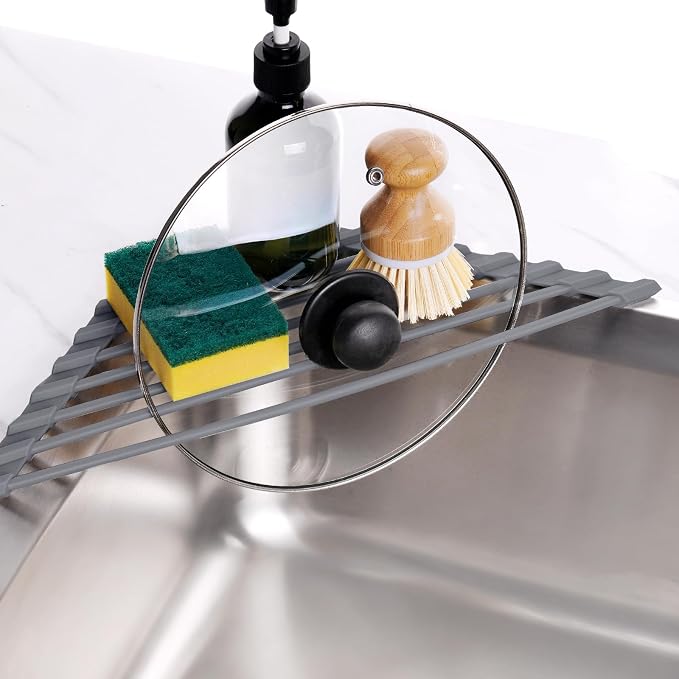 Tomorotec Roll Up Dish Drying Rack with Silicone Coating, Deep Gray | 304 Stainless Steel with BPA-Free Silicone, Triangle Design Maximizes Sink Corner Space, Fits Compact Kitchens And RVs