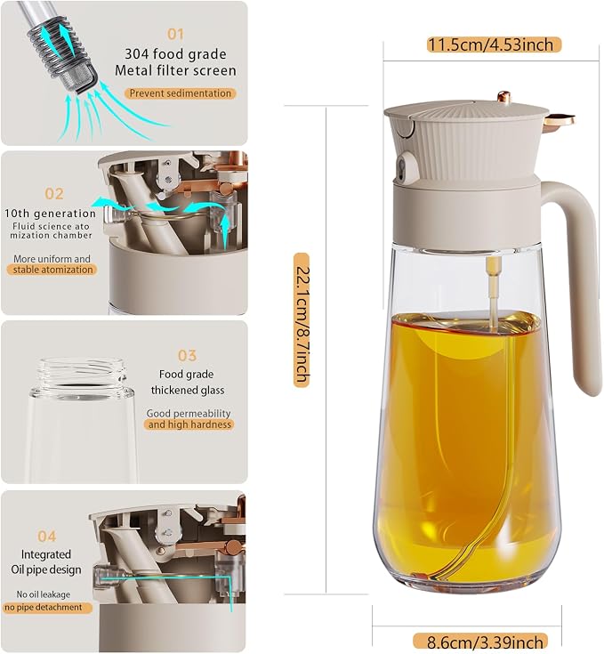19.6 oz Leak-Proof Glass Olive Oil Sprayer for Cooking, Fine Mist & Pour | 2 in 1 Oil Dispenser and Sprayer, Switch Between Fine Mist & Precision Pour for Air Fryer, BBQ, Salad, Baking - White
