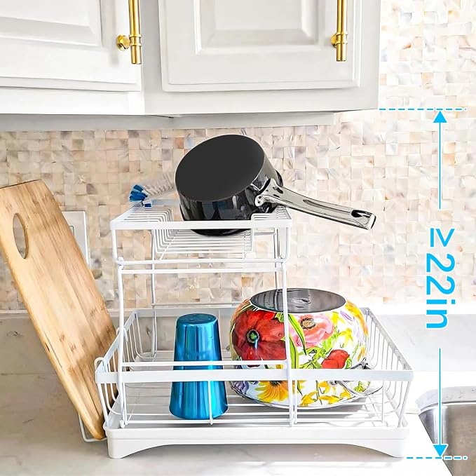 7 code 2-Tier Large Dish Drying Rack for Kitchen Counter, White | Detachable Large Capacity Dish Drainer Organizer with Auto Drain, Anti-Rust Dish Rack with Cup & Utensil Holders