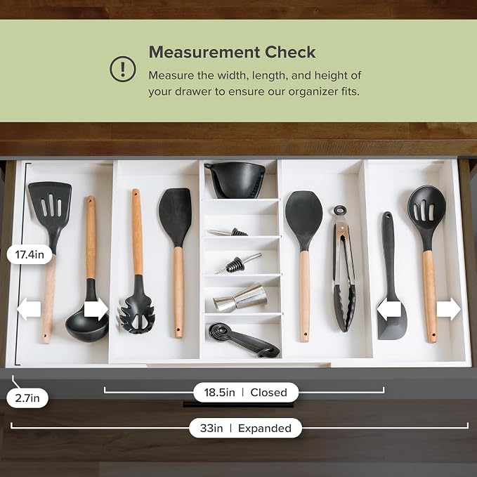 Utensil & Junk Drawer Organizer, 19-33 in, White Bamboo | Food-safe contract grade, 100% sustainable wood, non-slip, adjustable