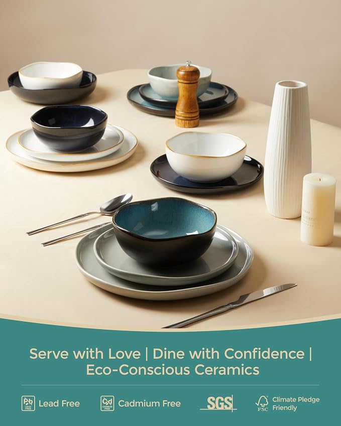 Extra Large Dinnerware Set for 12, 36 Pieces Ceramic Plates and Bowls Set, Kitchen Dish Set, Microwave & Dishwasher Safe Dishware, Ocean-Inspired Stoneware for Big Gatherings, Green Black