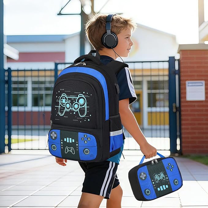 Backpack for School Boys, Cool Luminous Gamer Boys Schoolbag | with Lunch Box & Pencil Case Set for Kids Teens Elementary Middle School, Bookbag Glow In The Dark