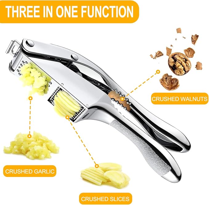 Gold Garlic Press and Slicer 3 In 1 Food Grade Stainless Steel Garlic Mincer Chopper Crusher Garlic Press Kitchen Tool with Garlic Peeler Skin Remover and Clean Brush