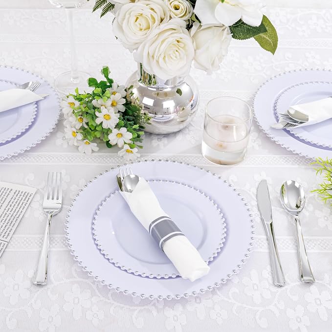 100 Pack Pre Rolled Silver Plastic Silverware with Napkins | Prewapped Rolled Silverware Disposable Wrapped Cutlery Set(100 Forks, 100 Knives, 100 Spoons) for Wedding Party Catering
