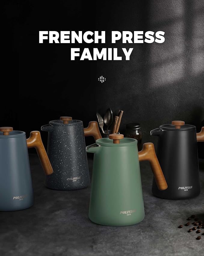 POLIVIAR French Press Coffee Maker, 34 oz | Real Wood Handle, Double Wall Insulation, Dual-Filter Screen, Food Grade Stainless Steel, For Coffee and Tea
