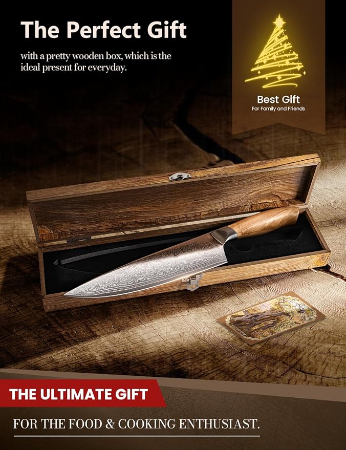 Damascus Chef Knife in Japanese Steel, 67-Layers Damascus Kitchen Knife with Wooden Gift Box and Original Olive Wood Handle, Cooking Knives for Home Kitchen Gift Idea
