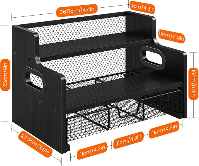 Coffee Syrup Organizer Rack, 3-Tier Syrup Holder Stand with 35 K Cup Storage Drawer, 8 Bottles Capacity, Wood Shelf Liquor Wine Rack for Coffee Bar Countertop, Black