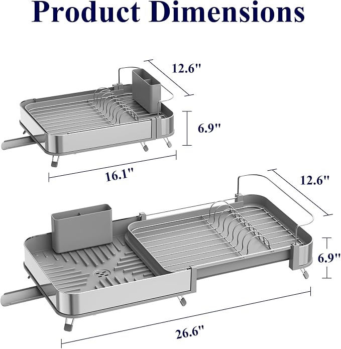 Kitsure Expandable Metal Dish Drying Rack, 16.1-26.6" L x 12.6" W, Grey | Dish Racks for Kitchen Counter, Auto-Drain Drying Rack for Kitchen, Cutlery Holder, Non-Slip Feet, Anti-fall Fence