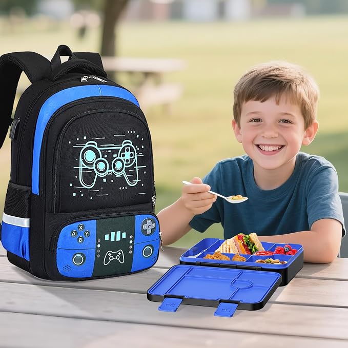 Backpack for School Boys, Cool Luminous Gamer Boys Schoolbag | with Lunch Box & Pencil Case Set for Kids Teens Elementary Middle School, Bookbag Glow In The Dark