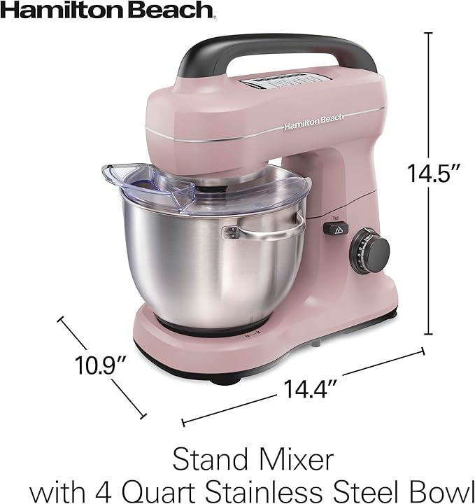 Hamilton Beach 4 Qt Electric Stand Mixer With 7 Speeds, Easy-Carry Handle | Planetary Mixing For Full Bowl Coverage | Splash Guard | 300 Watts | Whisk, Flat Beater, Dough Hook | Mixing Guide | Pink