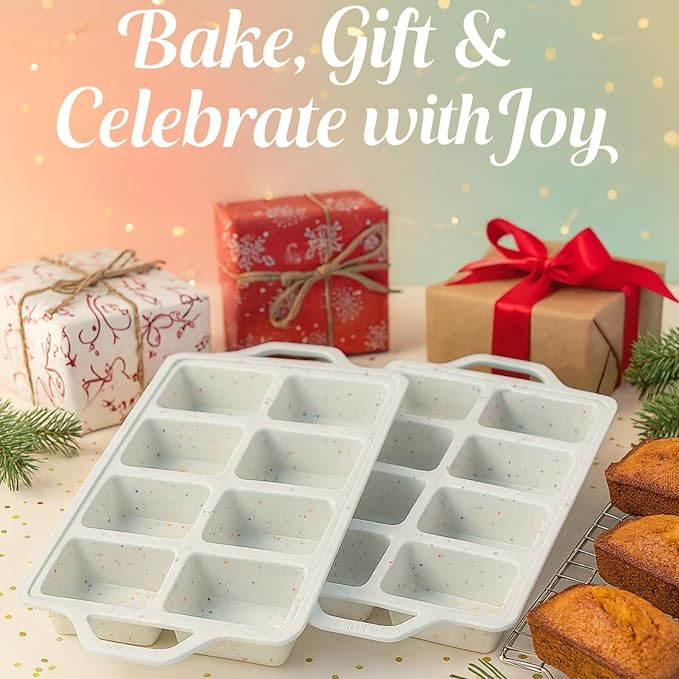 Silicone Mini Loaf Pans for Baking, 2-Pack – 8 Cavity Nonstick Bread Mold | Metal Reinforced Silicone Mini Loaf Pans for Baking, Food-Grade BPA-Free Bread Mold, Easy Release Surface, Dishwasher Safe