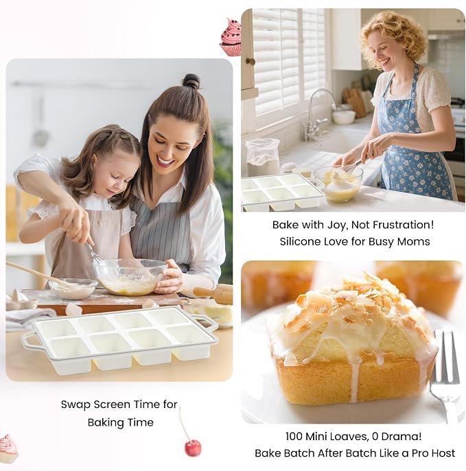 SJ 2 Pack Gray 8-Cavity Mini Silicone Loaf Pans, BPA-Free Reinforced | Gray 8-Cavity Baking Set Uses Durable Silicone, Reinforced Edge Resists Warping For Easy Snack Release And Gift Treats
