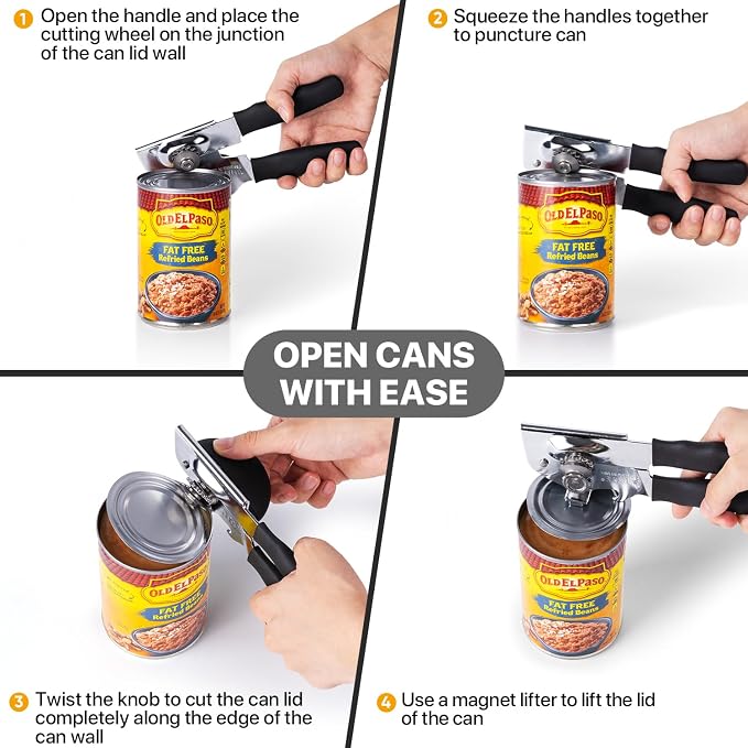 UHIYEE Heavy Duty Hand Can Opener with Comfortable Grip for Seniors, Black | Manual Can Opener, Hardened Steel Blade, Rubber-Coated Handle, Oversize Knob, Built-in Magnet & Bottle Opener