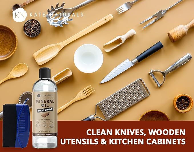 Kate Naturals Mineral Oil for Cutting Board 12oz with Wax Applicator | Food Grade & Food Safe Mineral Oil to Protect Wood on Cutting Boards, Butcher Block & Bamboo Boards