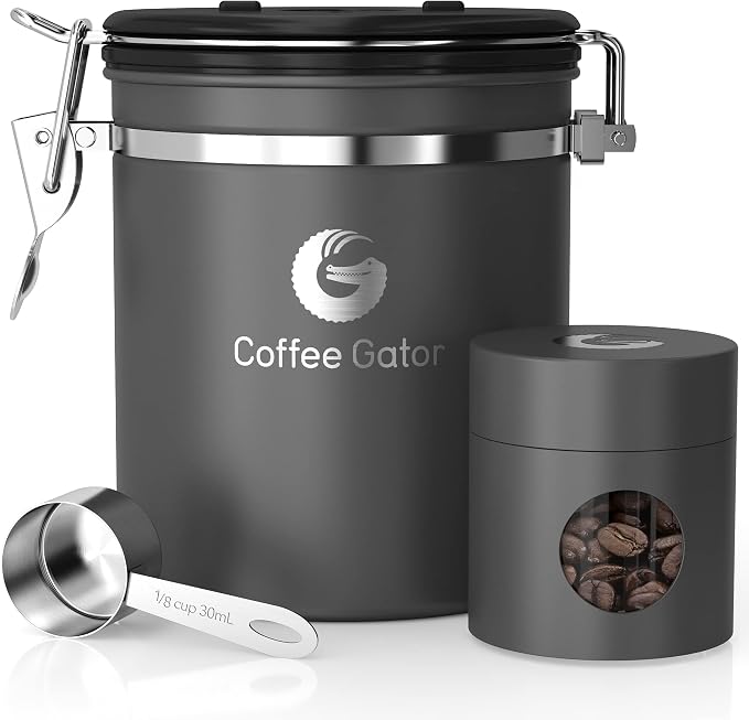 Coffee Gator Coffee Canister, 16oz Airtight Containers & Travel Jar | w/ Date Tracker, Scoop, Valve Kitchen Food Storage Jars for Beans, Ground, Rice, Tea, Sugar, Cookie, Bar Accessories, Gray