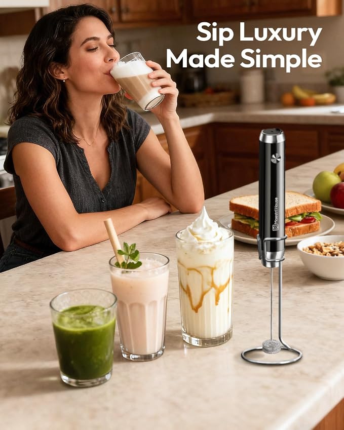 Maestri House LunaFro Rechargeable Milk Frother,Stand & 2 Detachable Whisks | 8000RPM Turbo Motor, 1200mAh lithium battery, Handheld Milk Frother for Lattes, Cappuccino, Matcha & Powdered Supplements