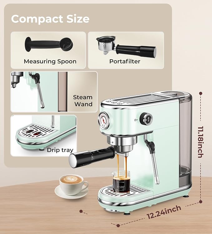 atatix 20 Bar Espresso Machine with Milk Frother, Compact Espresso Maker | Stainless Steel Coffee Machine with Precise Temp Control & 44oz Removable Water Tank for Latte, Cappuccino, Light Green