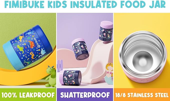 Fimibuke Kids Bento Snack Lunch Box with Thermo Insulated Toddler Lunch Bag | Lunch Box Kids with 4 Compartment, Food Jar, Ice Pack, Utensils, Birthday Gifts for Ages 3-12 Back to School Toddler Girl Boy