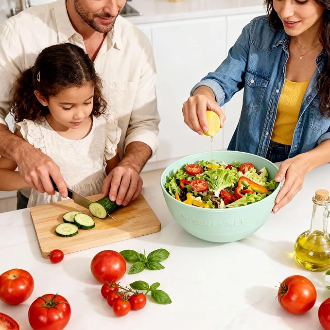 Greentainer 3 Pack Large Plastic Bowls, 135oz Plastic Salad Bowls - Reusable Serving Bowls for Party, Picnic, Entertaining, Kitchen & Outdoor, Microwave & Dishwasher Safe (Green)