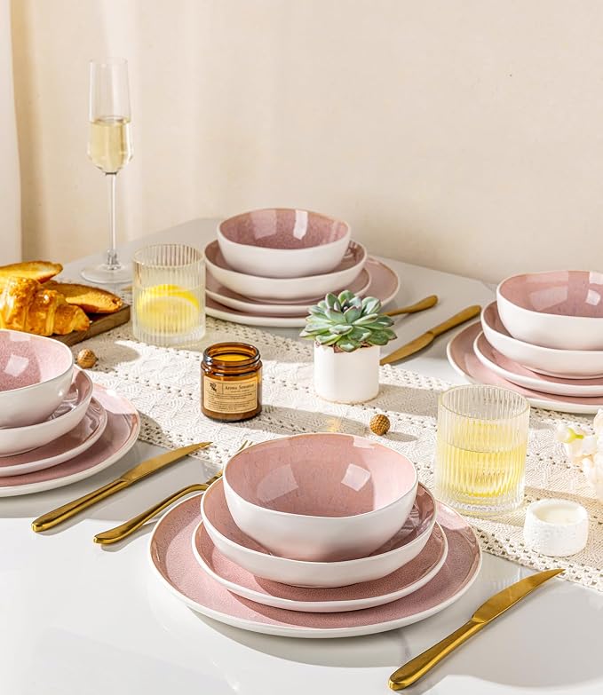 GBHOME Stoneware Dinnerware Sets for 8,24 Piece Rustic Plates and Bowls Set | Earthenware Handmade Reactive Glaze Plate Sets, Chip Resistant Ceramic Dishes, Microwave & Dishwasher Safe, Pink