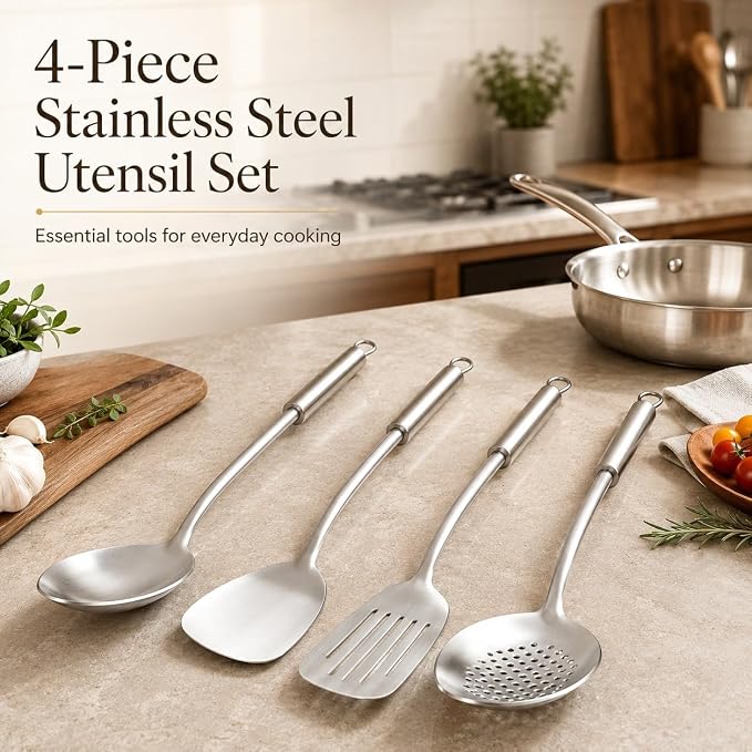 Pleafind Cooking Utensils Set - 4 Pcs Stainless Steel Kitchen Utensils Set with Solid Turner, Slotted Turner, Serving Ladle, Slotted Spoon, Wok Utensils Set with Heat Resistant Handle, Dishwasher Safe