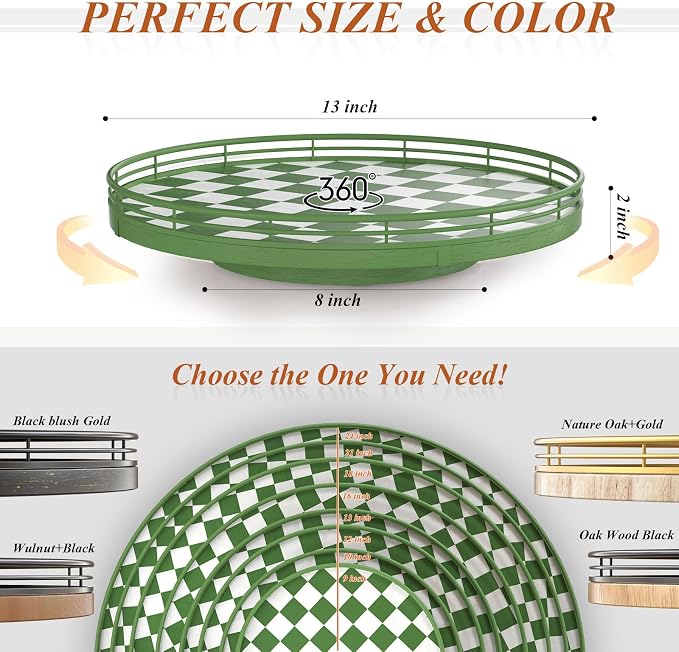 AMH 13-Inch Green and White Checkerboard Lazy Susan with Rubberwood Base | Smooth rotating oak tray with walnut finish for dining tables, kitchen counters, pantries and cabinet storage.