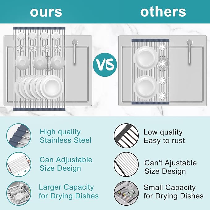 BBXTYLY Extra Large Expandable Roll Up Dish Drying Rack,Over The Sink Drying Rack Sink Cover Kitchen Sink Accessories Kitchen Rolling up Stainless Steel Drainer, Foldable,Rollable(Gray,22.8''-12.4'')