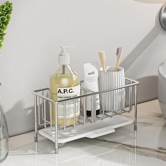 Kitchen Sink Sponge Holder, 304 Stainless Steel | Soap Dispenser Caddy Organize, Kitchen Sink Brush Caddy Holder with Removable Drain Tray