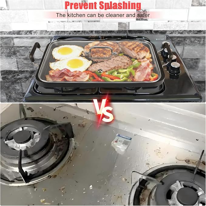 2-Burner Griddle Pan with Glass Lid - Nonstick Stovetop Griddle for Gas & Glass Cooktops - Aluminum Camping Grill Pan for Breakfast (Pancakes/Eggs/Bacon) (22"L x 12"W x 1.77"Th)