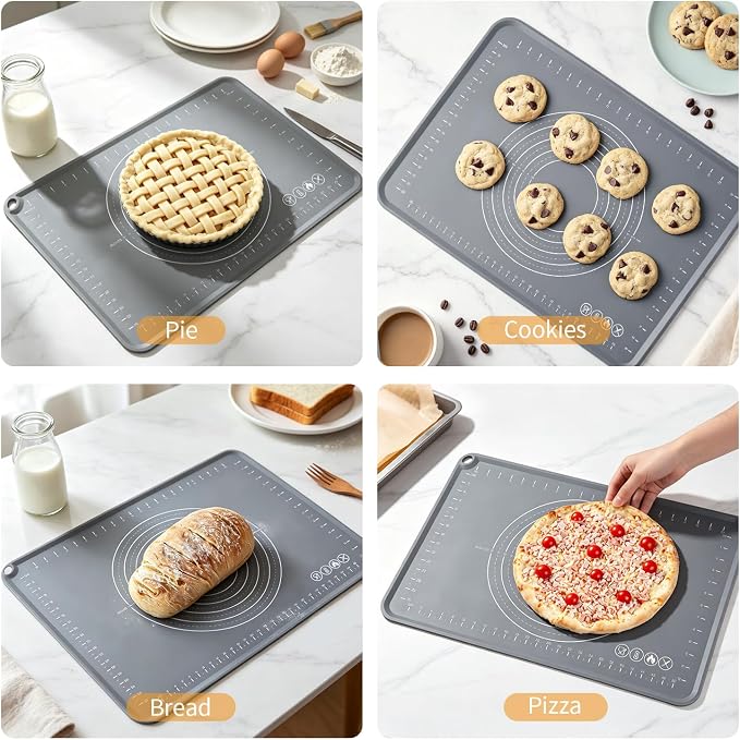 Silicone Pastry Mat 24" x 16" Baking Mat with Measurements and Edge Heightening, Thick Non-slip BPA Free Silicone Pad for Countertop Rolling Kneading Dough, Bread, Cookies,Pizza, Fondant,Dark Gray