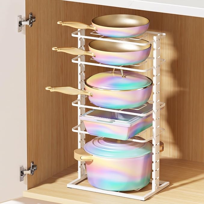 LAMU Pots and Pans Organizer Under Cabinet, 5 -Tier Dual-Pillar Design | Adjustable All-Metal Rack Stores Pots, Pans And Lids in Cabinets, on Countertops or Under Sinks, Holding Up to 55 Lb White