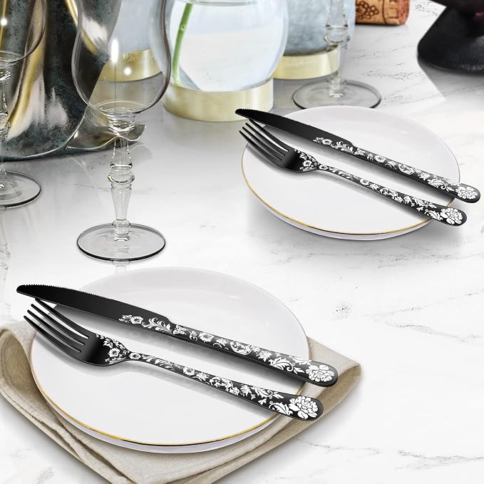 48-Piece Black Silverware Set with Steak Knife, Black Flatware Sets for 8, Stainless Steel Cutlery Set Includes Forks Knives Spoons,Unique Pattern Design,Mirror Polished and Dishwasher Safe