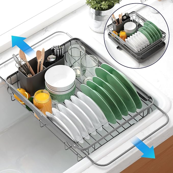 Kitsure Dish Drying Rack for Kitchen Counter,12.2''W x 15.7''~23''L, Grey | Stainless Steel Sink Organization, Cutlery Holder, Home and Appartment Decor