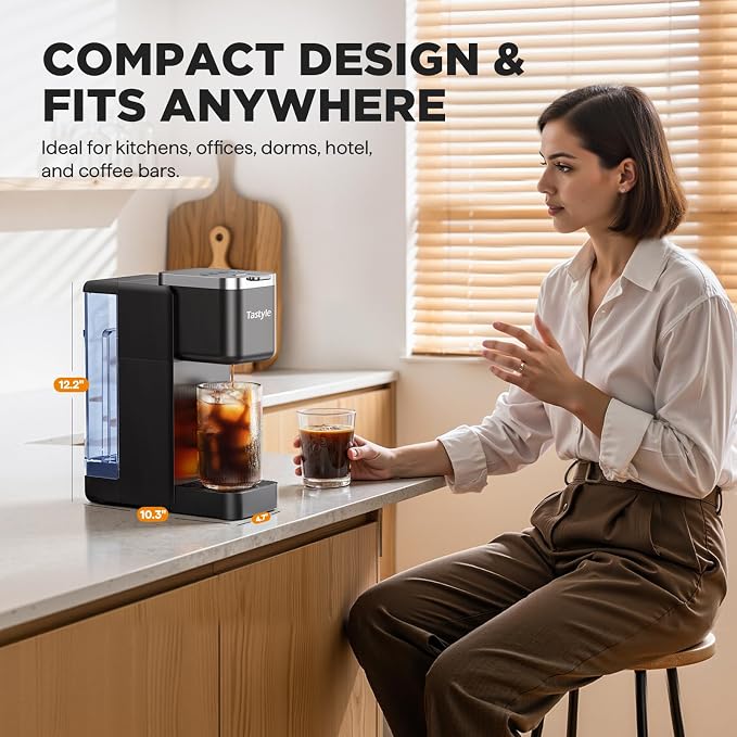 Tastyle Single Serve Coffee Maker for K Cups and Grounds with 3 Brew Styles | 40oz Removable Water Tank, 6 to 24oz Brew Size, Compact Design, Fits 7.3" Travel Mug, for Home, RVs and Office, K330IC, Black
