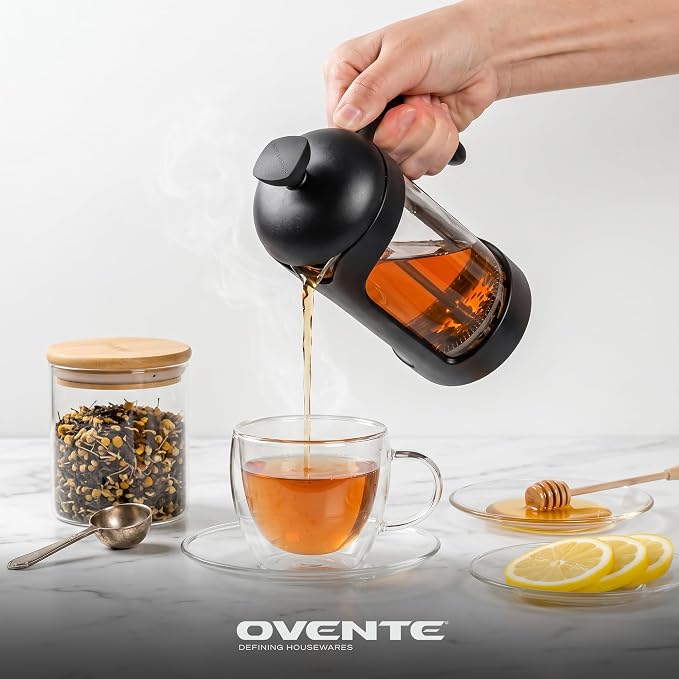 OVENTE 12oz French Press Coffee Maker with 4-Level Filtration, Black FPB12B | Heat Resistant Borosilicate Glass Pot, Dishwasher Safe Stainless Steel Filter, Portable Cafetiere for Travel, Camping or Gift
