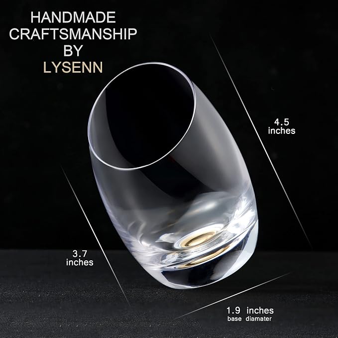 Lysenn Slanted Wine Glasses Set of 2, Hand Blown Stemless Cocktail Glasses | 10oz, Unique Design, Gold Base, Premium Quality, for Brandy, Bourbon and Whiskey, Home Bar Hosts, Dinner Party, Ideal Gift