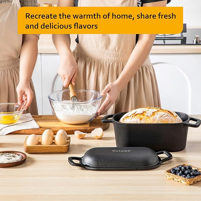 Velaze 3.6 QT Oval Cast Iron Dutch Oven for Bread Baking, Offset Handles | Bread Pan with Lid for Sourdough Sandwich,Small Households Baking,Gift for Bread Bakers,Deep Base,Oven Safe,Black