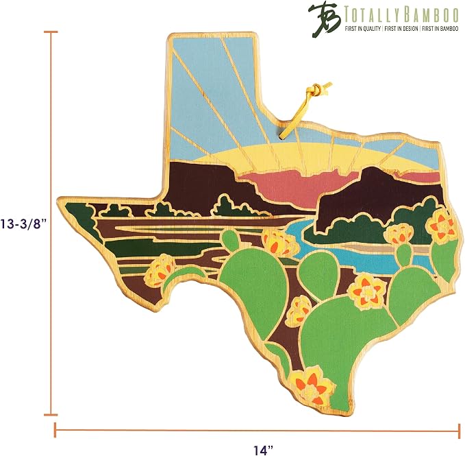 Totally Bamboo Texas State Shaped Cutting Board, Summer Stokes Art | State charcuterie board with colorful hand-drawn landscape art. Smooth reverse side for food prep. Hang tie for wall display.