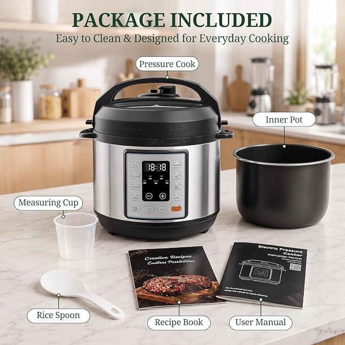 10-in-1 3QT Electric Pressure Cooker for Rice and Stews | Ceramic Nonstick Inner Pot, One Touch Controls, Keep Warm Mode, 700W, Stainless Steel Housing, Accessories Included, Silver