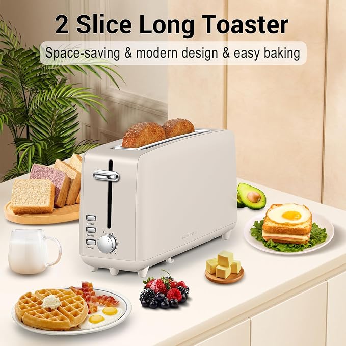 SEEDEEM Stainless Steel Toaster 2 Slice Slim, 10" Single Long Slot, Oatmilk | 6 Shade Settings, Extra Wide Slot Fits Bagels & Artisan Bread, Defrost, Cancel Function, Removable Crumb Tray