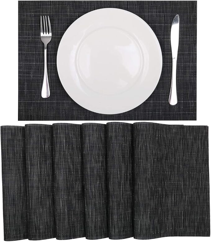 SHACOS Placemats Set of 6 Woven Vinyl Place Mats for Dining Table Wipe Clean Stain Resistant Table Mats Indoor Outdoor (6, Black)