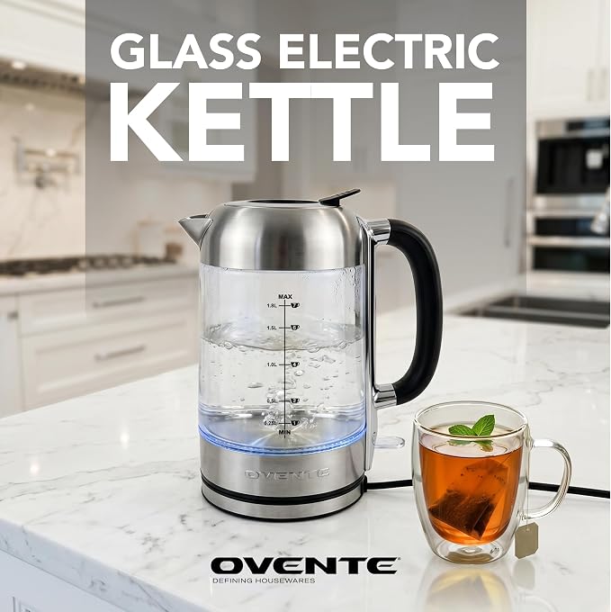 OVENTE 1.8L Glass Electric Kettle Water Boiler, Silver KG71S | 1500W Fast Boiling, Easy Fill Lid, Borosilicate Glass, BPA-Free, Blue LED, Auto Shut-Off, Boil-Dry Protection, Cordless
