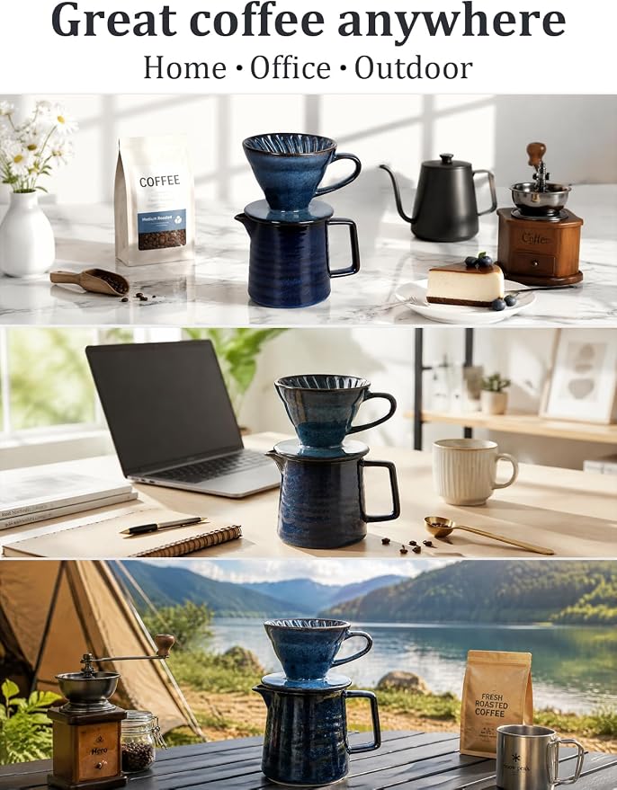 Pour Over Coffee Maker, Ceramic Coffee Dripper Set with 40pcs Paper Filters, 15oz/450ml Capacity, Unique Starry Blue Glaze, Compact Size 3.58" x 4.47" x 3.70" for Home Office or Gift
