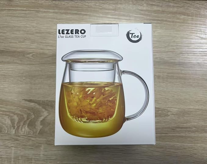 Clear Glass Teacup with Infuser and Lids for Blooming & Loose Leaf, 17oz | Borosilicate, Heat Resistance, Lead-free, Microwave & Dishwasher Safe