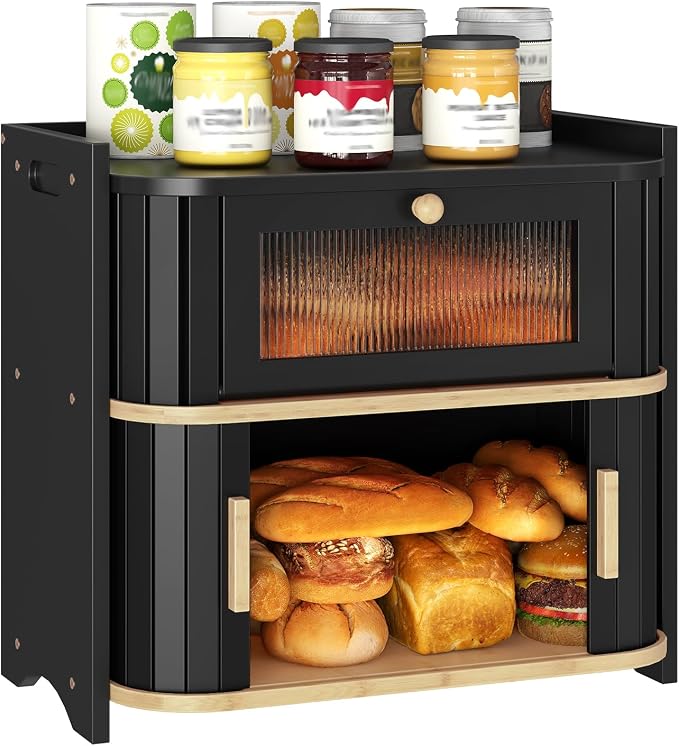 HOOBRO Bread Box, Bamboo Bread Box for Kitchen Countertop, 2 Tier Roll-Top Bread Bin, Food Storage Box, Bread Storage Container, for Kitchen, Dining Room, Black and Natural BK16MB01
