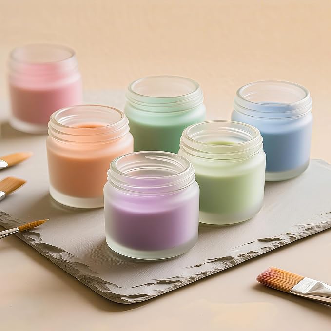 2oz Jars with Lids, Hoa Kinh 24 Pack Frosted Glass Jars with Woodgrain Lids | Empty Cosmetic Containers Round Airtight Glass Jar with Inner Liners and Lid for Storing Lotions, Powders, and Ointments