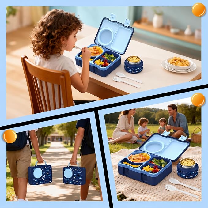 Kids Insulated Lunch Box with 8OZ Thermo Food Jar | Leakproof Bento Box with Ice Pack Sauce Cup Utensils Removable Tray & Dividers for School Daycare Travel, Sharks